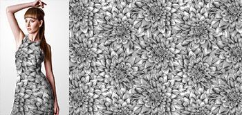 02005v Materiał ze wzorem monochromatyczne (czarno-białe) ręcznie malowane kwiaty dalii